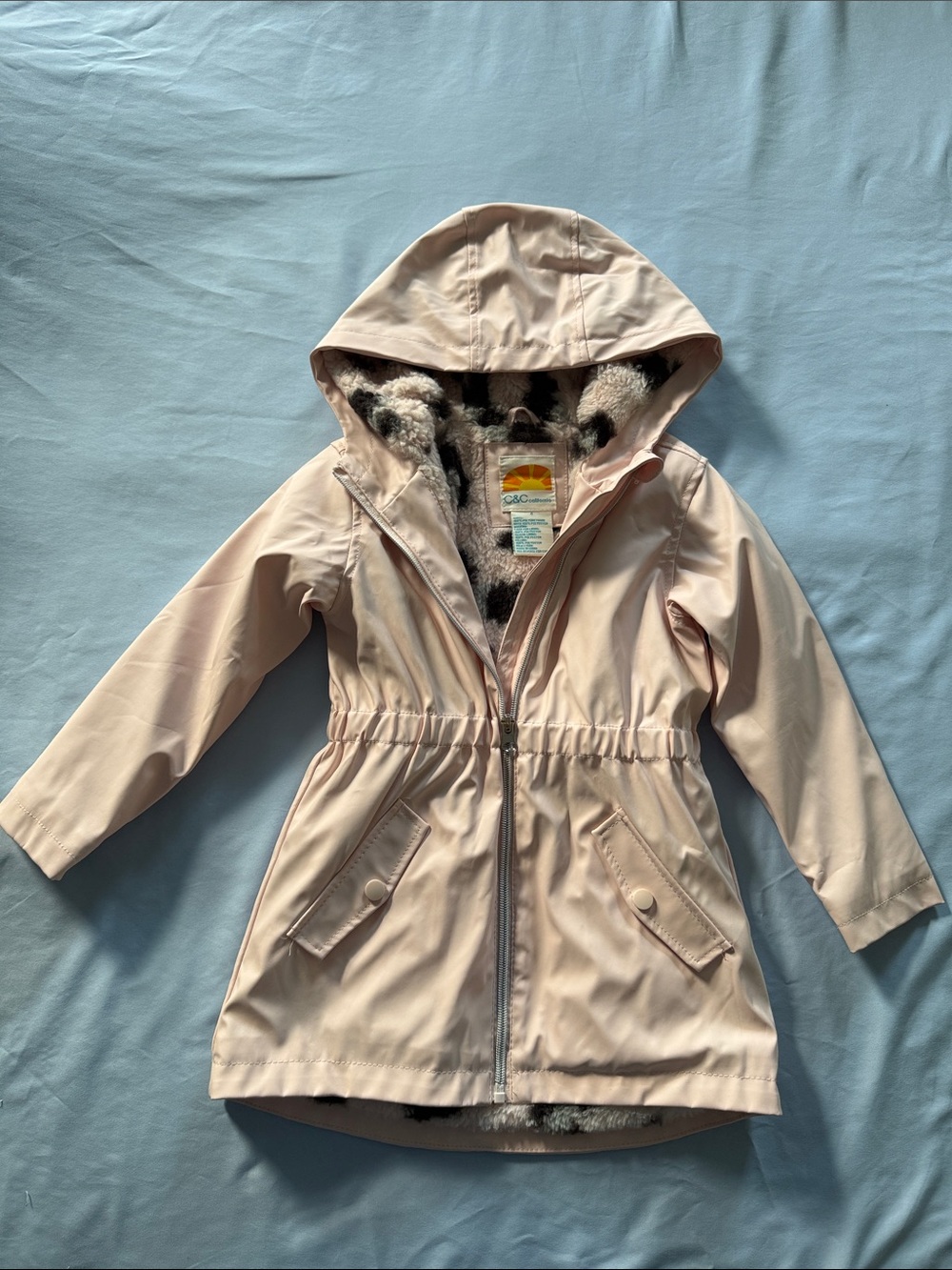 C&C California Girls Pale Pink Hooded Raincoat with Faux Fur Lining